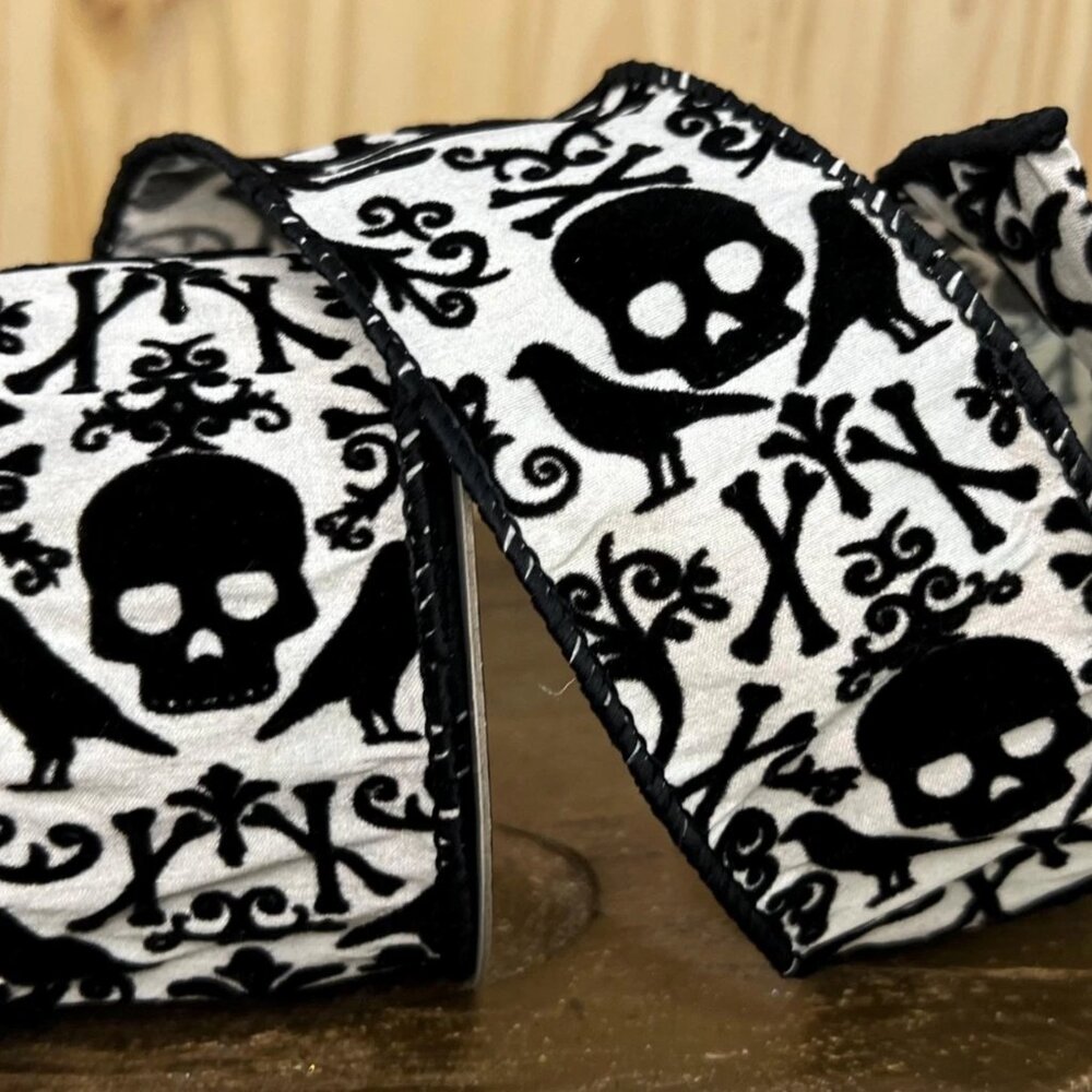 Halloween Black & White Skull, Crow & Cross Bones Flocked Dupioni Ribbon Crafts